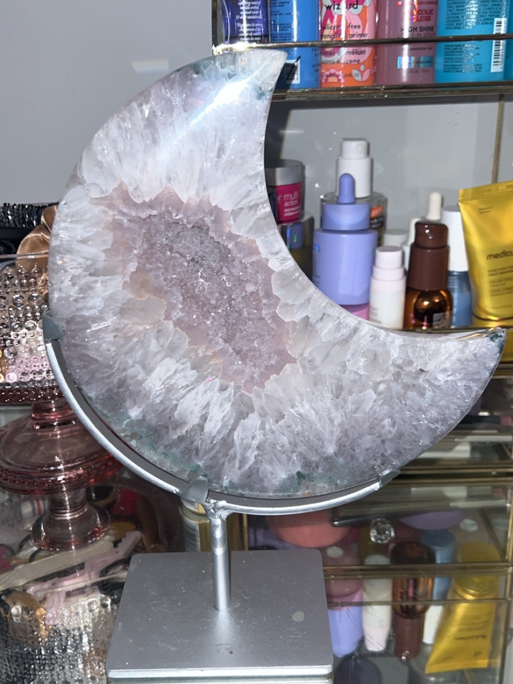 Moon-Shaped pink Amethyst Crystal with Display Stand -